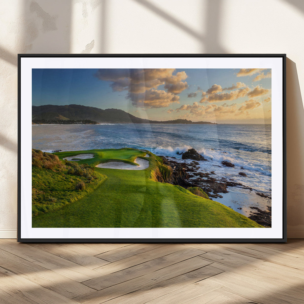 Coastal Golf Course Wall Art Canvas Print, Sunset with Rolling Green Fairways and Ocean Waves