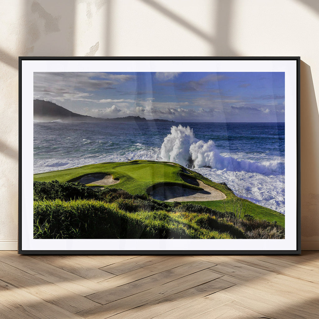 Ocean Waves Crashing Wall Art Canvas Print, Dramatic Rocky Coastline Near a Golf Course