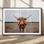 Longhorn Bull Wall Art Canvas Print, Framed Rustic Decor