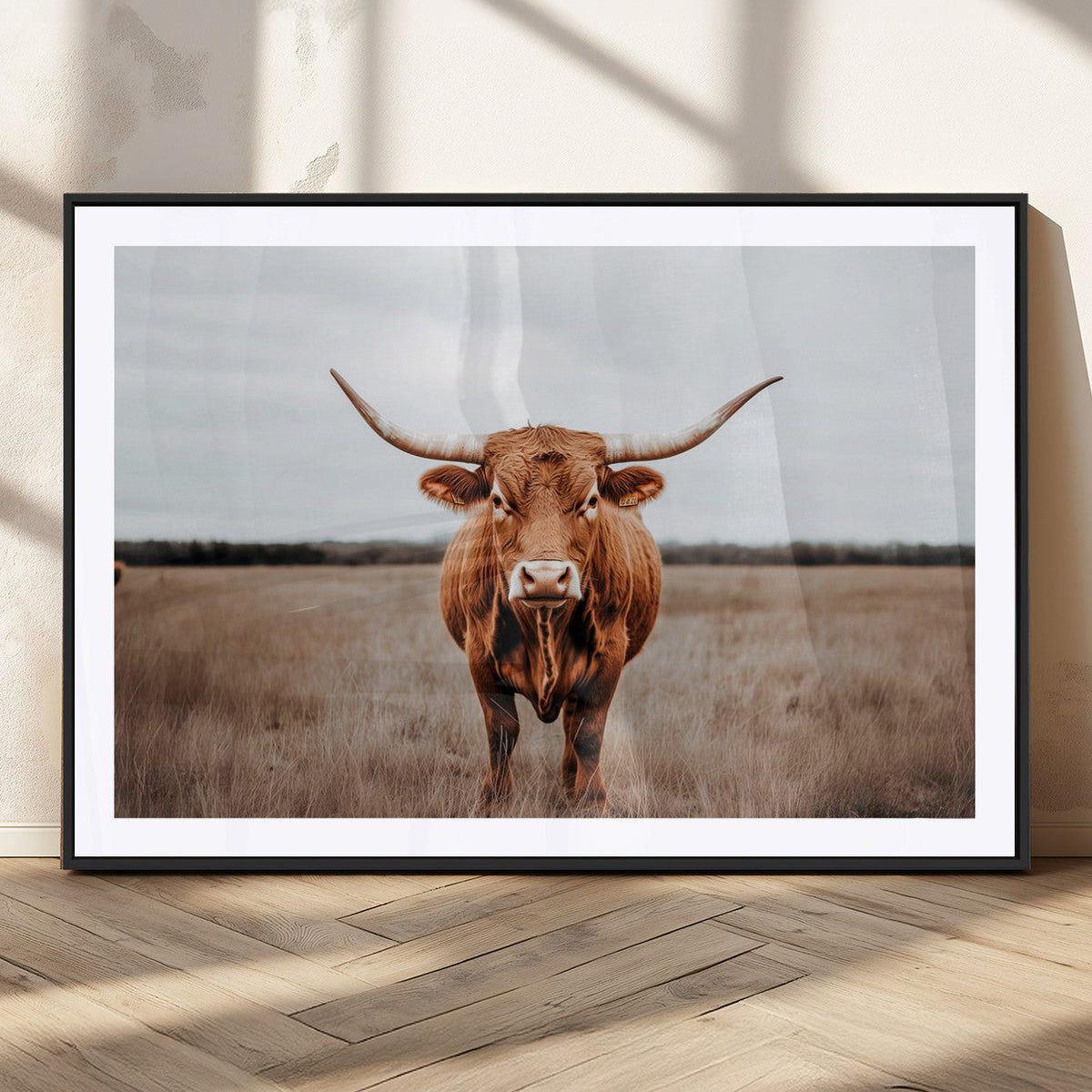Longhorn Bull Wall Art Canvas Print, Framed Rustic Decor