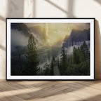 Misty Forest Sunrise Wall Art Canvas Print, Framed Mountain Valley Pine Trees