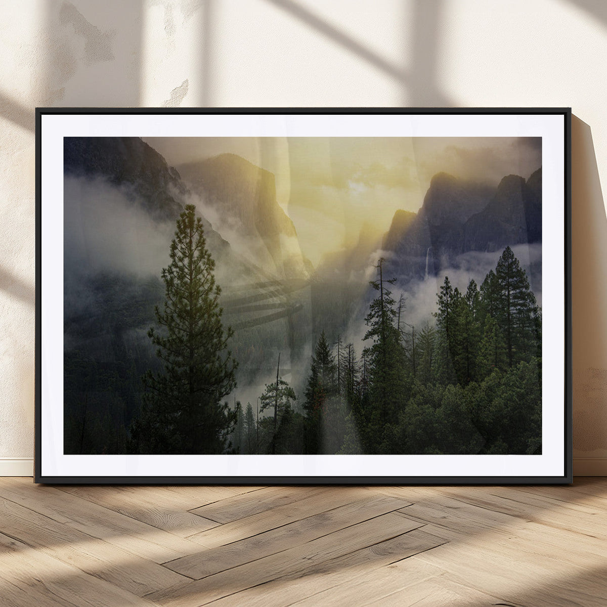 Misty Forest Sunrise Wall Art Canvas Print, Framed Mountain Valley Pine Trees