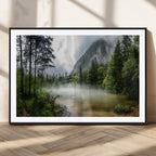 Misty Lake Forest Wall Art, Green Trees and Calm Water Reflection, Mountain Fog Landscape Canvas