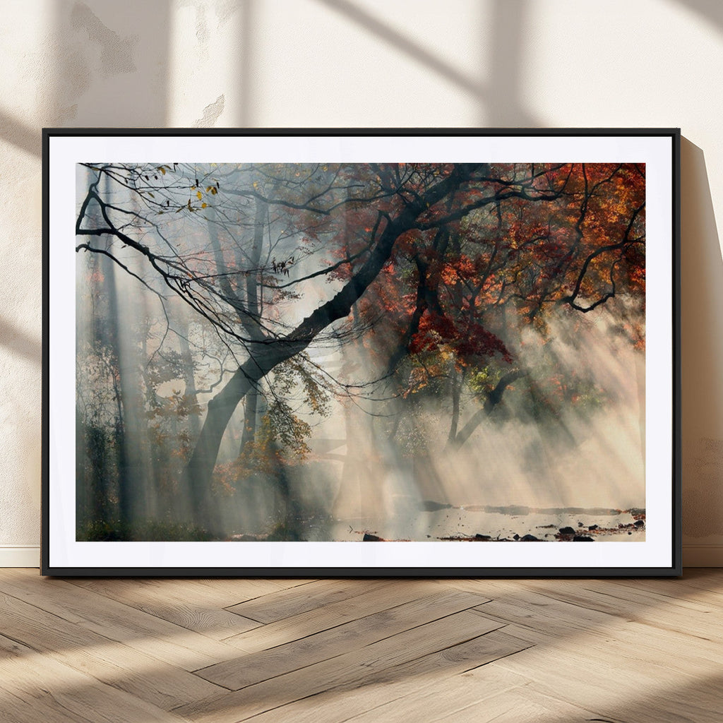 Sunlit Autumn Forest Wall Art, Misty Trees with Sun Rays, Peaceful Fall Landscape Canvas Print