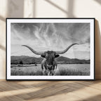 Longhorn Black and White Wall Art | Rustic Western Bull Canvas Print