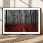 Red Forest Floor Canvas Wall Art | Mystical Foggy Woodland Triptych
