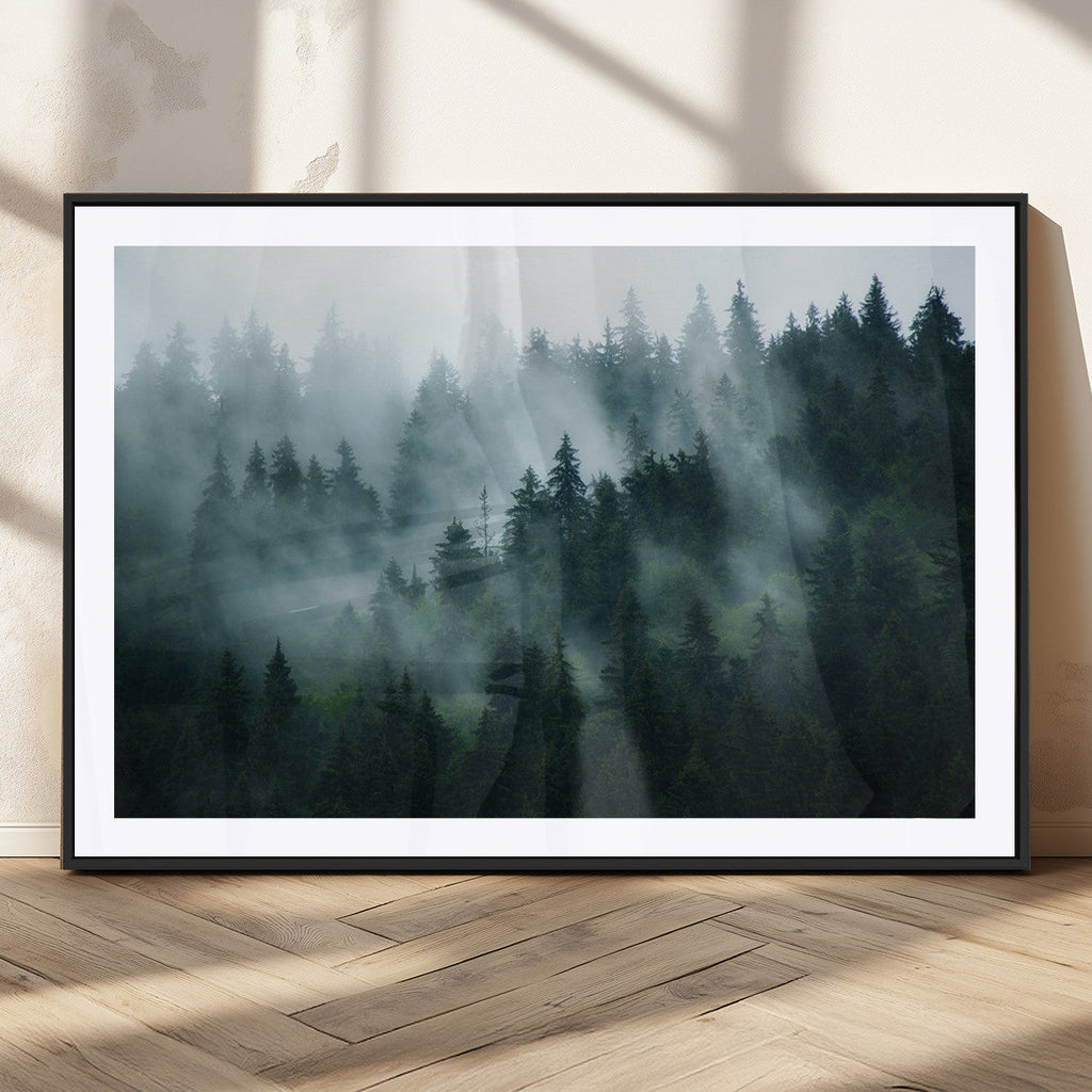 Misty Forest Wall Art | Serene Green Landscape Canvas Print