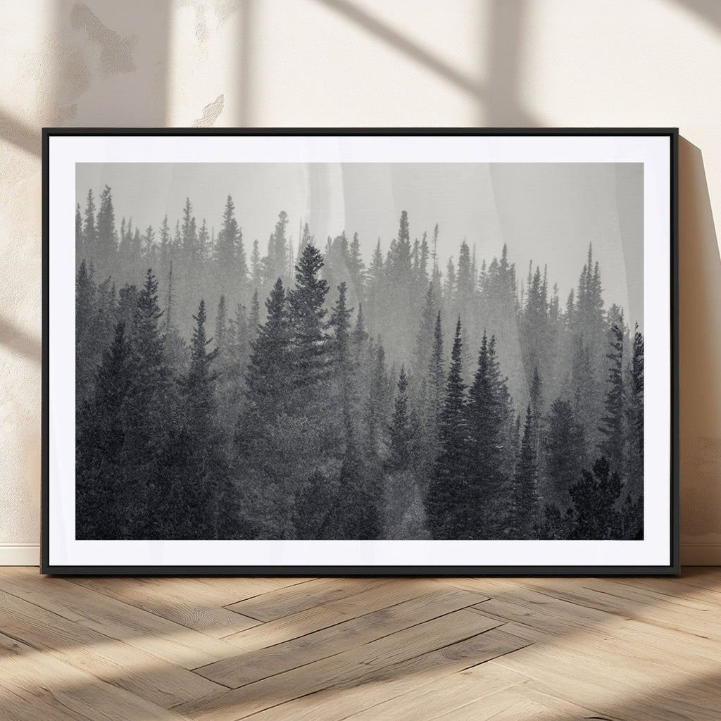 Misty Forest Canvas Wall Art | Monochrome Triptych Pine Tree Print