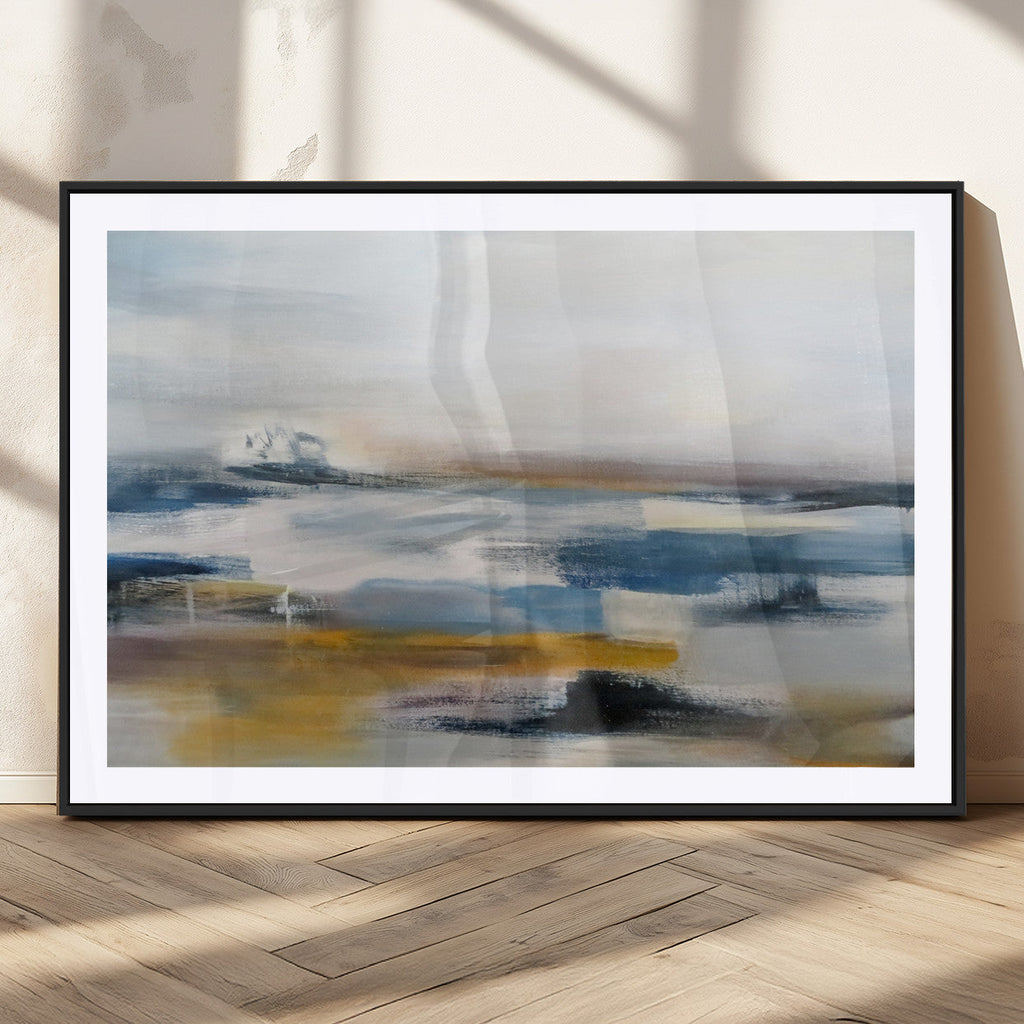 Abstract Landscape Wall Art Canvas | 3 Panel Modern Blue, Gold and White Canvas Art