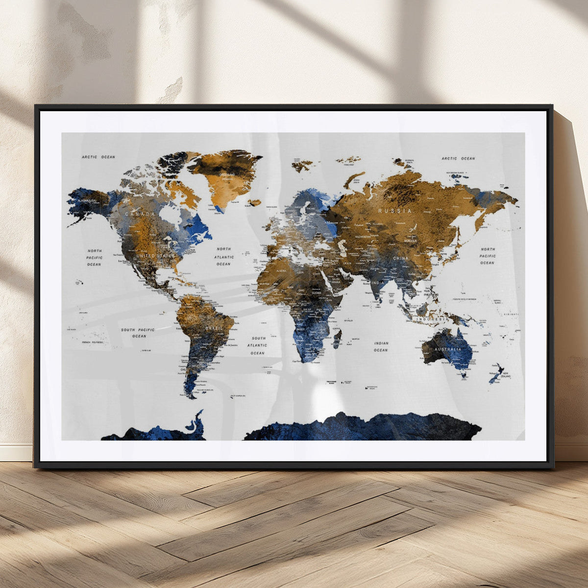 Modern Abstract World Map Canvas Wall Art | Framed Blue and Gold Map Print