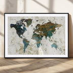 Vintage World Map Wall Art Canvas Print, Framed Rustic Earth Tone Map
