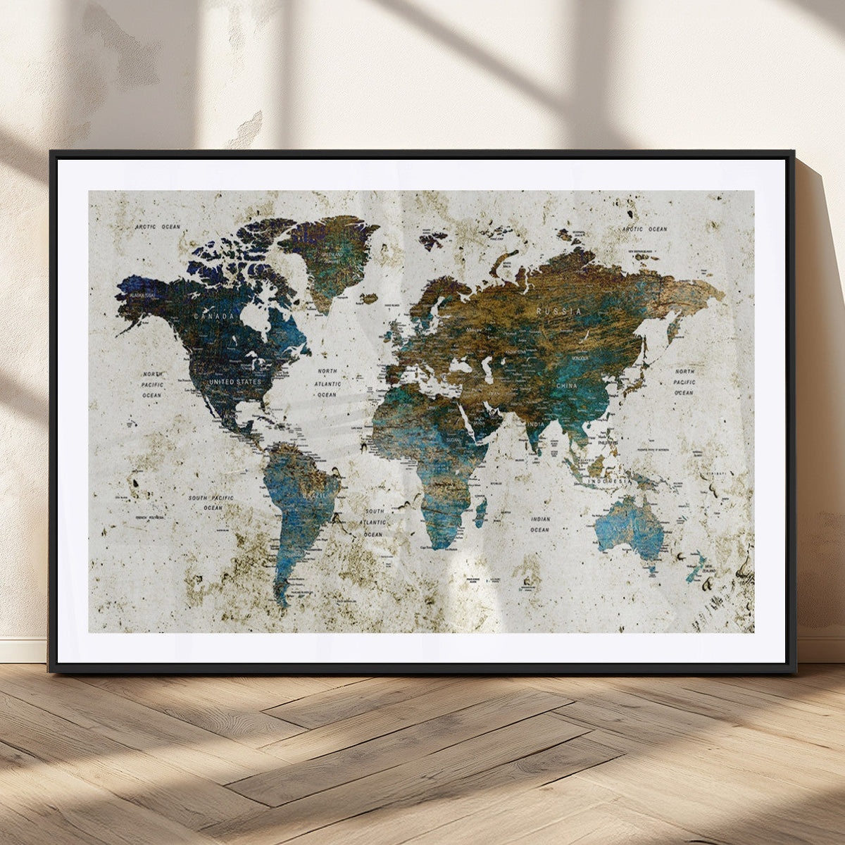 Vintage World Map Wall Art Canvas Print, Framed Rustic Earth Tone Map