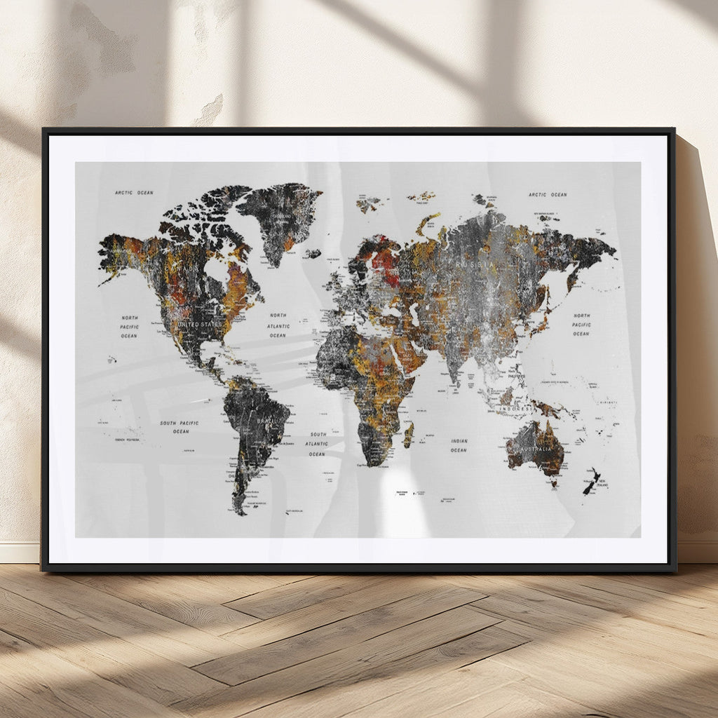 Modern Metallic World Map Canvas Wall Art | Framed Contemporary World Map Print