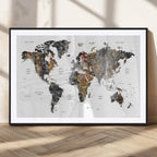 Modern Metallic World Map Canvas Wall Art | Framed Contemporary World Map Print