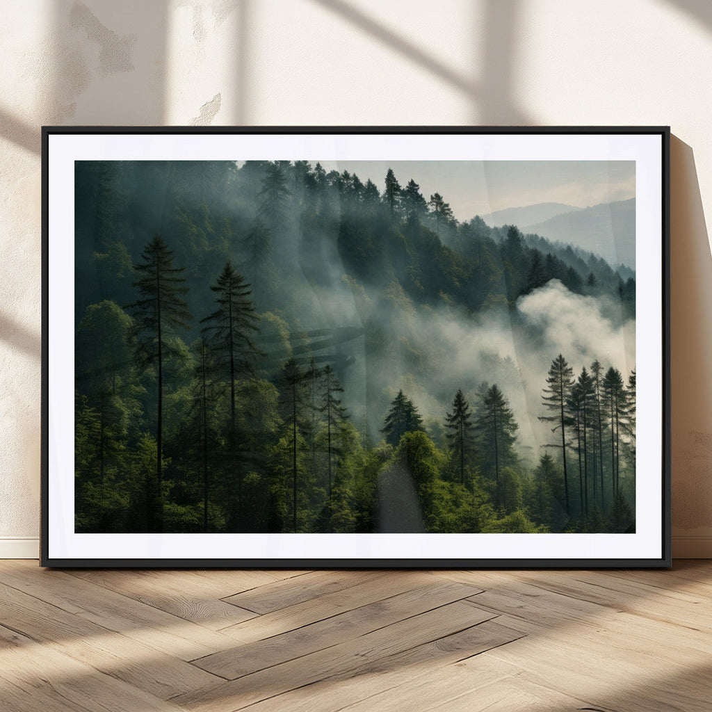 Misty Forest Wall Art Premium Canvas Print, Foggy and Serene Atmosphere