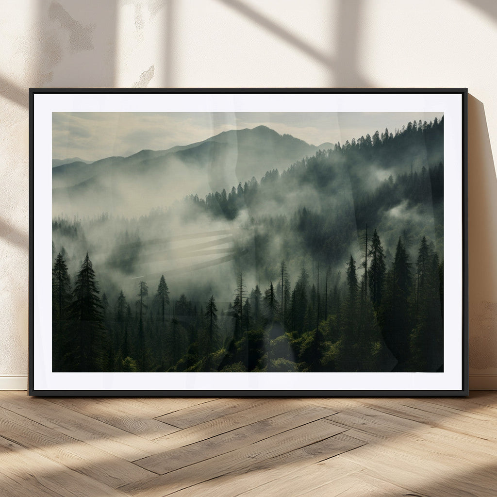 Captivating Misty Forest Wall Art Premium Canvas Print, A Foggy and Serene Atmosphere