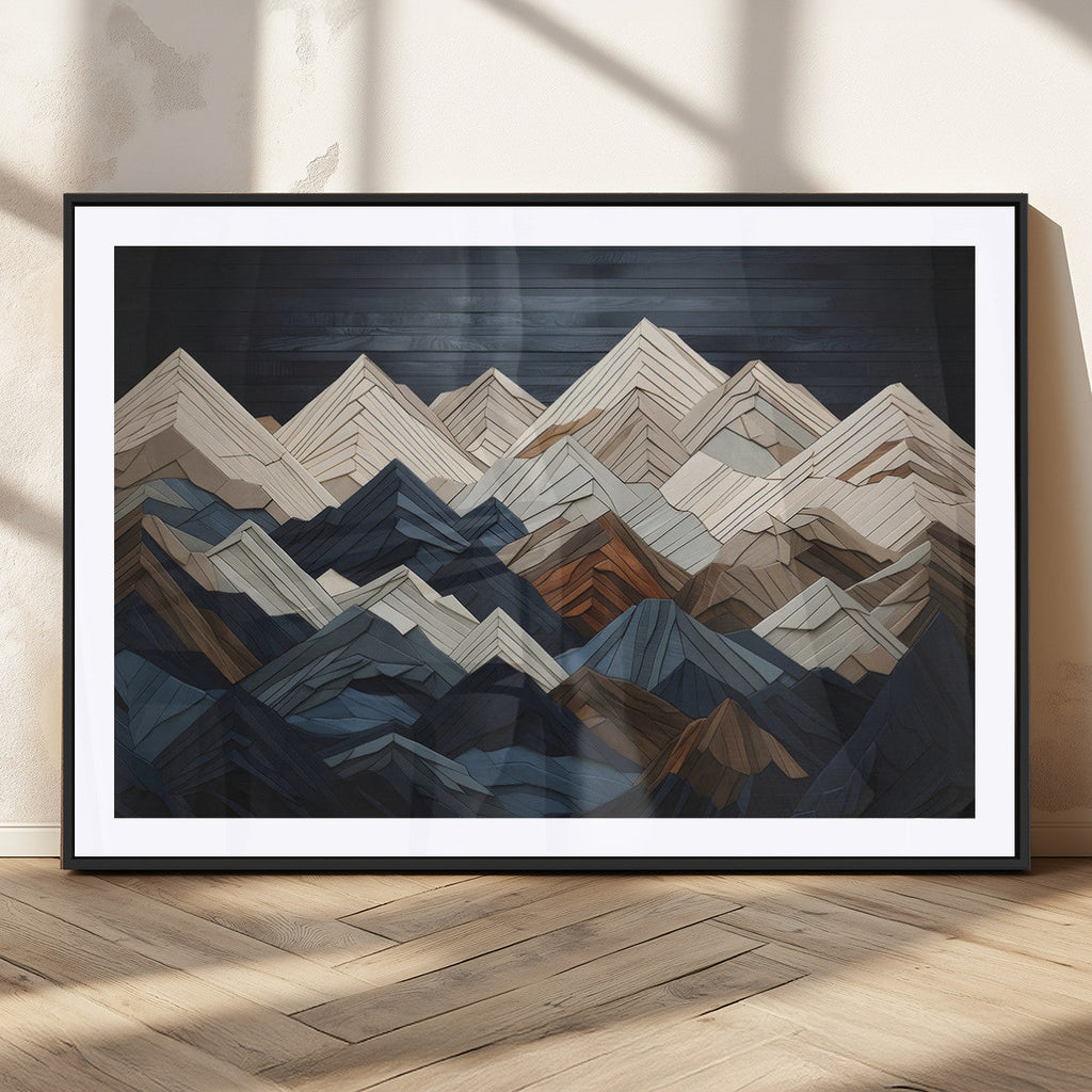 Rustic Mountain Landscape Wall Art Canvas Print, Framed 3D Wooden Effect Mountain Art