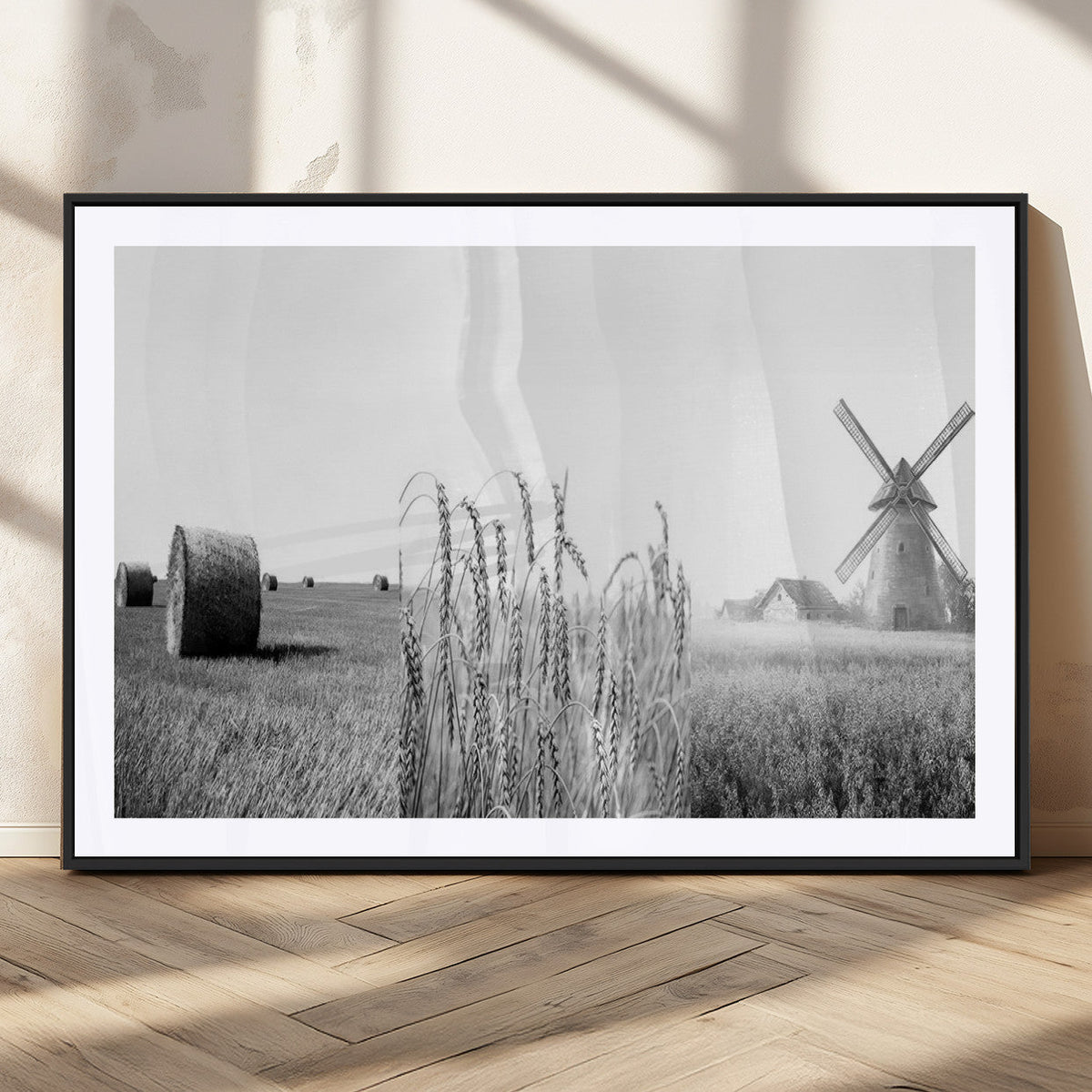 Vintage Farmhouse Black and White Triptych Wall Art, Giclee Canvas with Wheat Fields, Hay Bales and Windmill