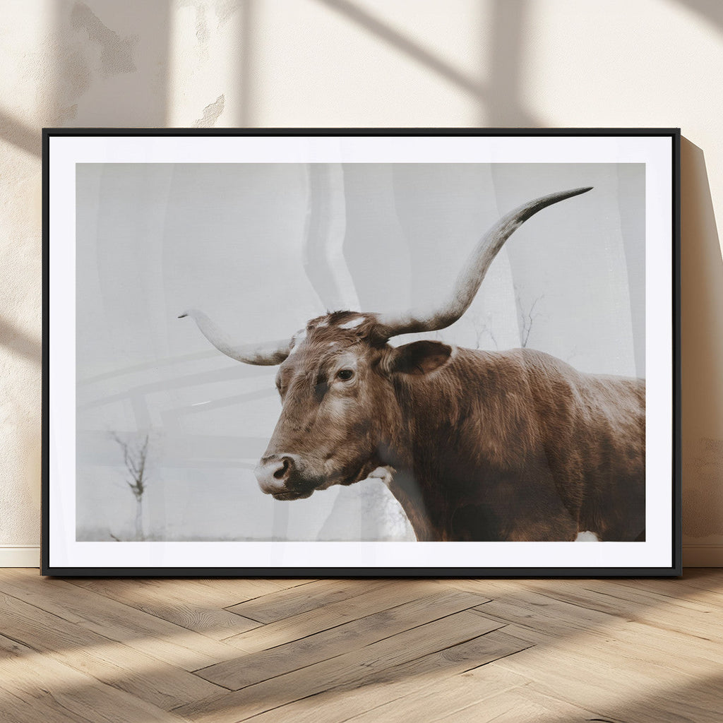 Rustic Bull Wall Art Canvas Print, Modern Longhorn Farmhouse Animal Decor