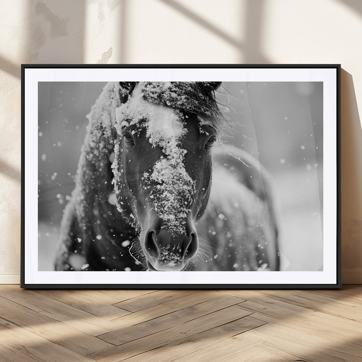 Black and White Horse Winter Wall Art, Ready to Hang