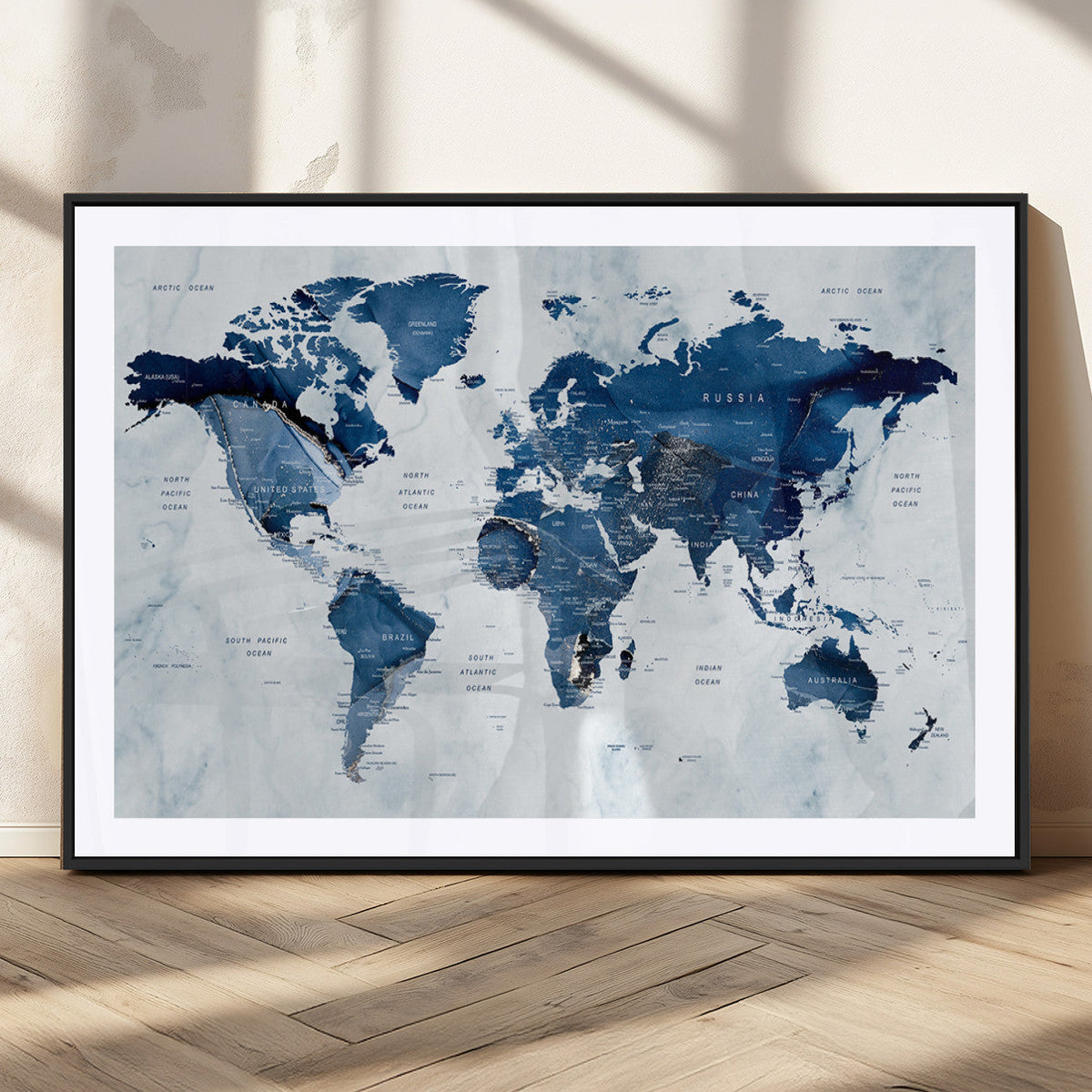 Modern Blue World Map Canvas Print | Elegant Travel Map Wall Art for Home Office