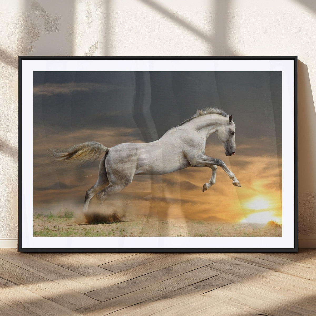 Large Wall Art Canvas Print, White Jumping Horse at Sunset
