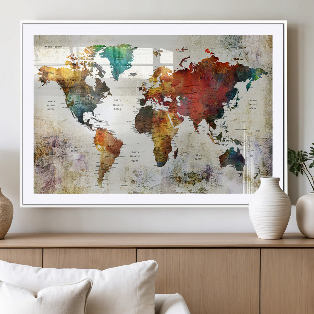 Watercolor World Map Canvas Print | Framed Travel Map Wall Art for Couples