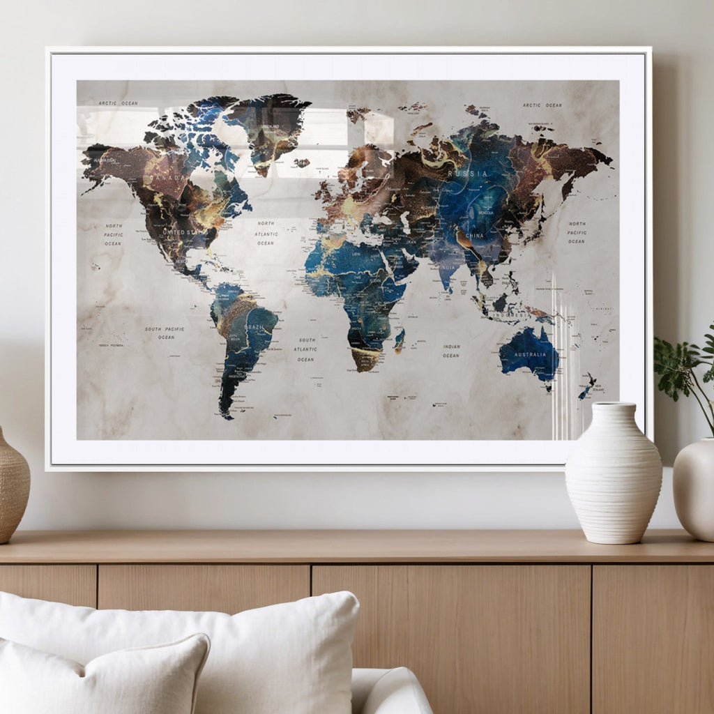 Abstract Earth Tone Blue World Map Canvas Print | Framed Travel Map Wall Art