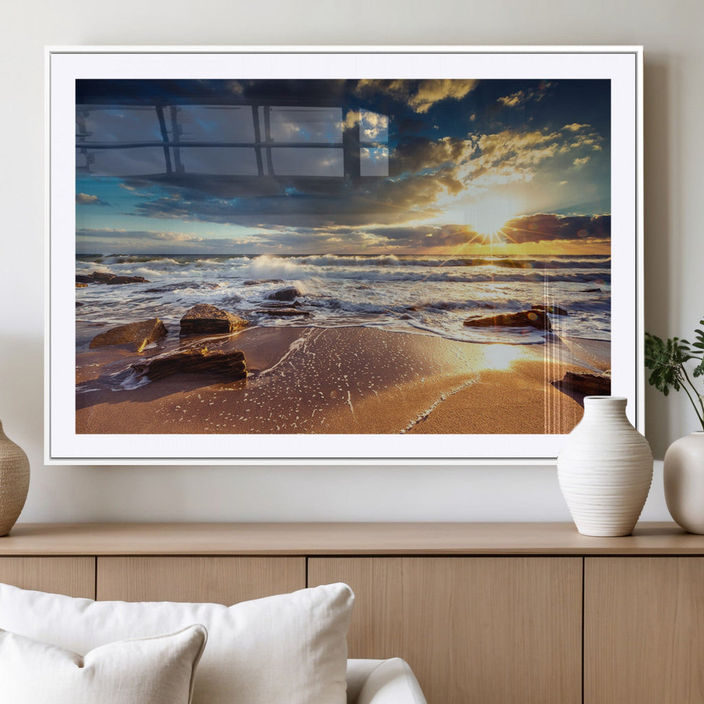 Golden Hour Beach Sunset Canvas Triptych, Ocean Waves and Rocks Wall Art