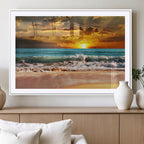 Golden Sunset Beach Canvas Wall Art | Triptych Seascape Print, Framed and Ready to Hang
