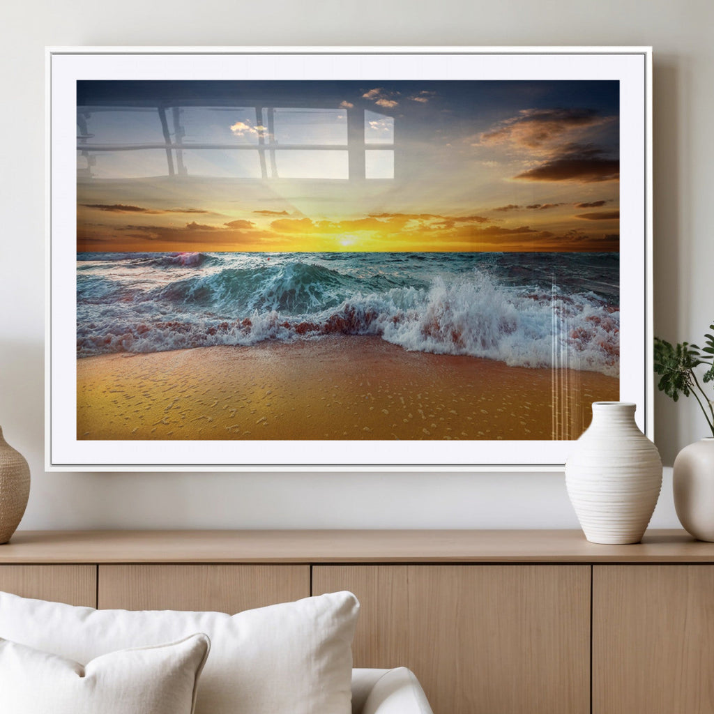 Golden Sunset Ocean Waves Wall Art Canvas Print | Multi Panel Beach Canvas Set, Coastal Triptych