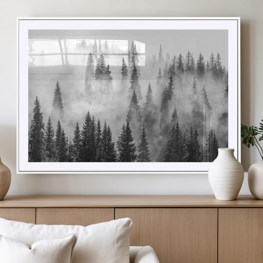 Forest Wall Art Print | Foggy Pine Forest Canvas Wall Art, Black and White Nature Decor