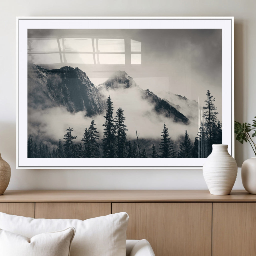 Forest Mountain Print | Black and White Canvas Wall Art with Misty Forest Design