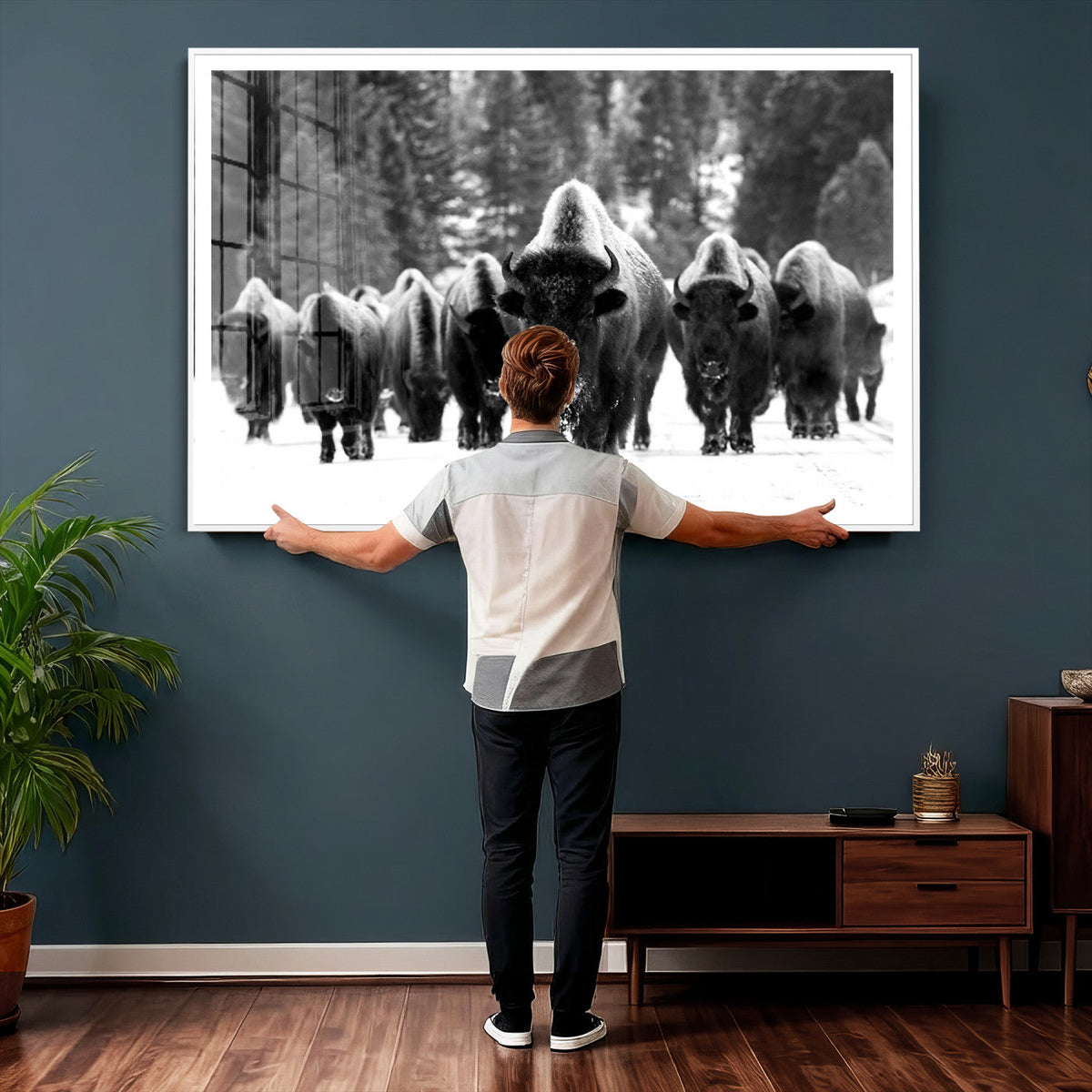 Bison Herd in Snow Wall Art Canvas Print | Rustic Western Bison Wall Art for Living Room and Farmhouse Decor
