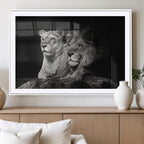 Lion Couple Wall Art Canvas Print, Elegant Black and White Wildlife Portrait