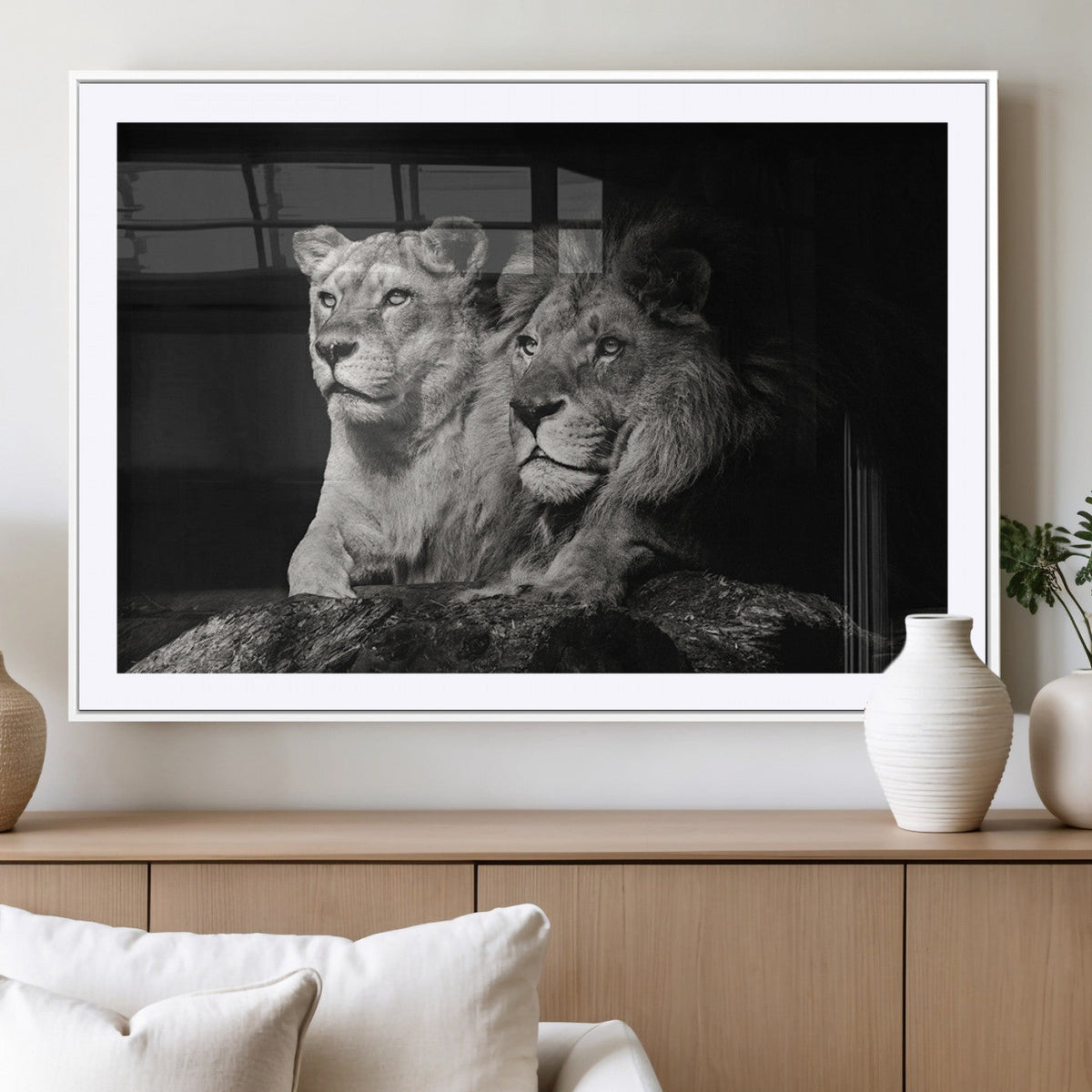 Lion Couple Wall Art Canvas Print, Elegant Black and White Wildlife Portrait