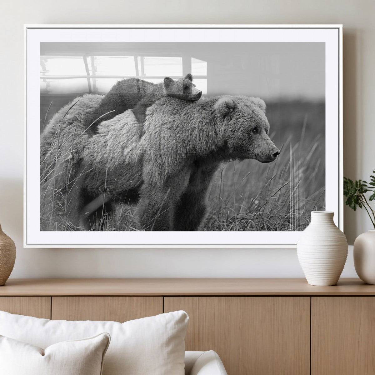 Bear and Cub Wall Art Canvas | Grizzly 399 Bear and Cub Black and White Wildlife Print