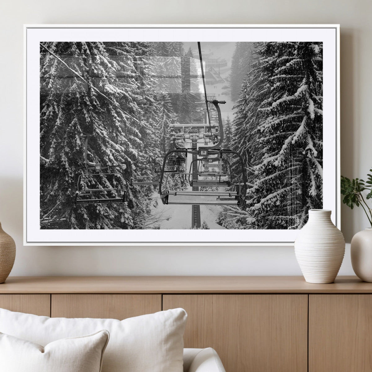 Winter Ski Lift Black and White Canvas Wall Art | Alpine Escape in Minimalist Style