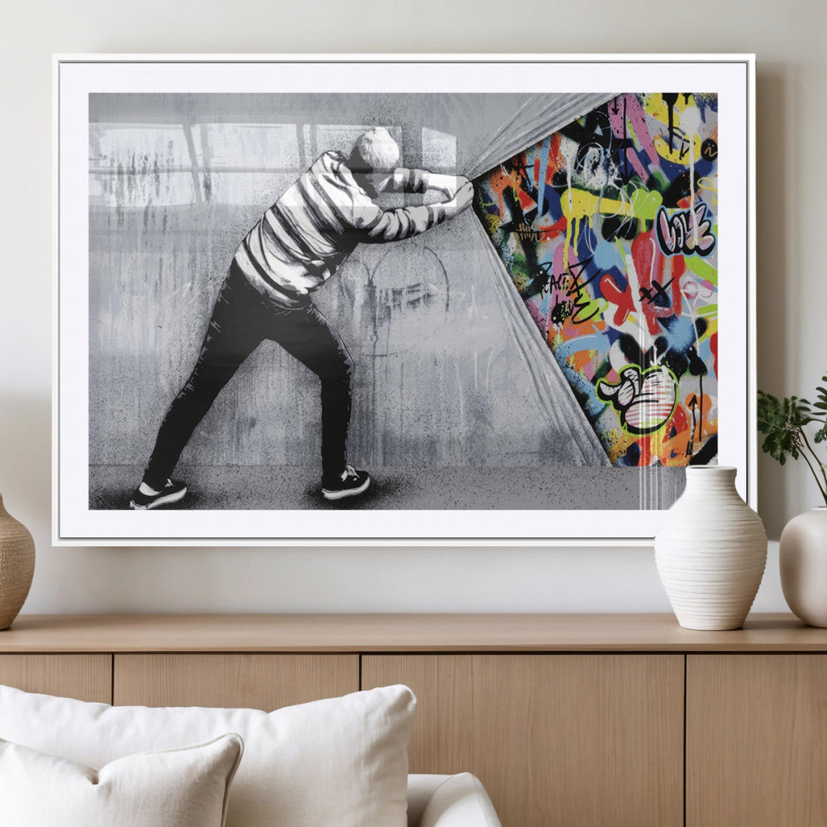 Banksy Art Behind the Curtain Street Wall Art Canvas Print | Urban Graffiti Style Wall Decor