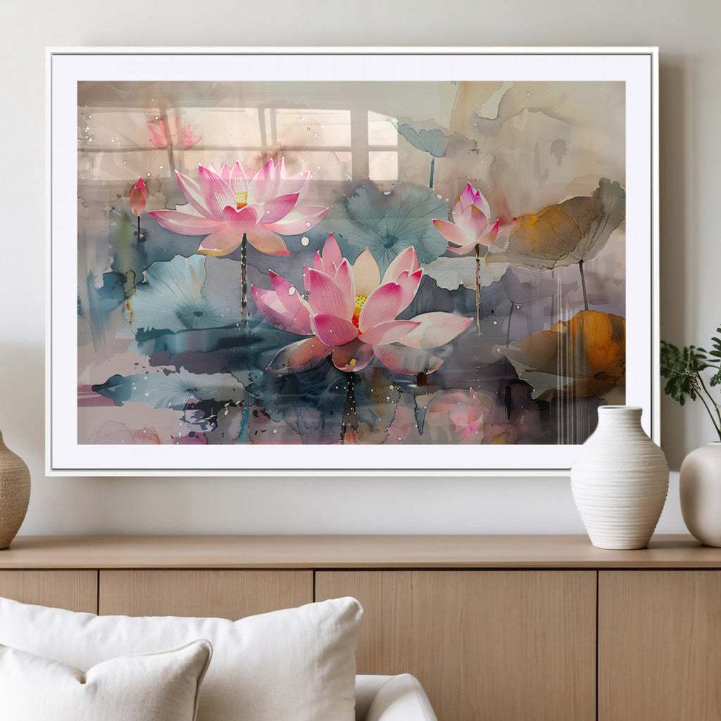 Lotus Flower Wall Art | 3 Panel Giclee Canvas Print of Pink Lotus Blossoms
