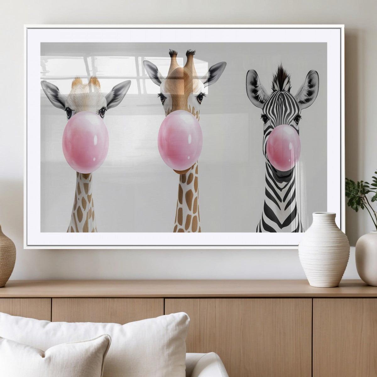 Bubblegum Animals Canvas Wall Art, Playful Giraffe and Zebra Trio, Whimsical Nursery and Kids Room Decor