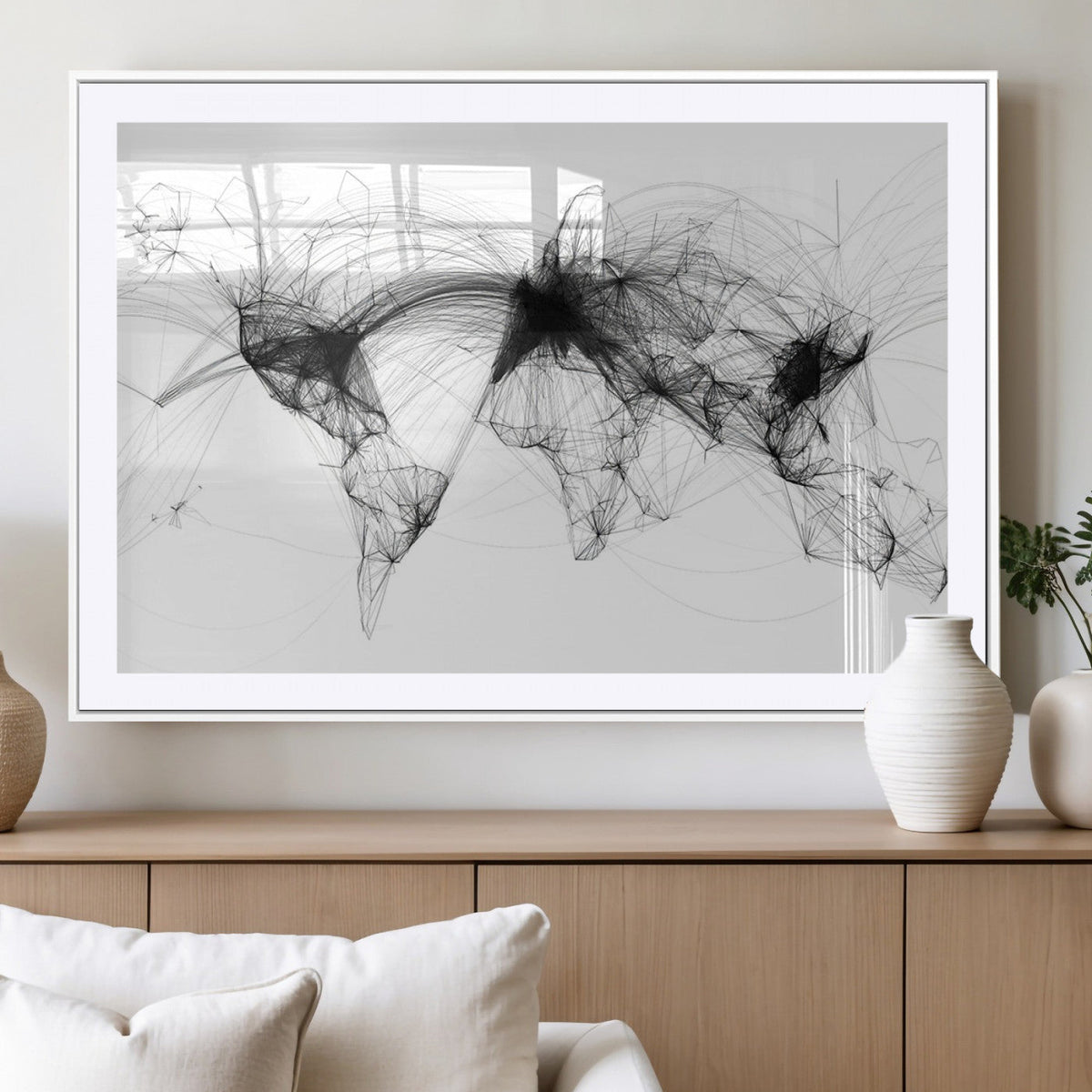 Abstract World Map Wall Art | Framed Geometric Line Canvas