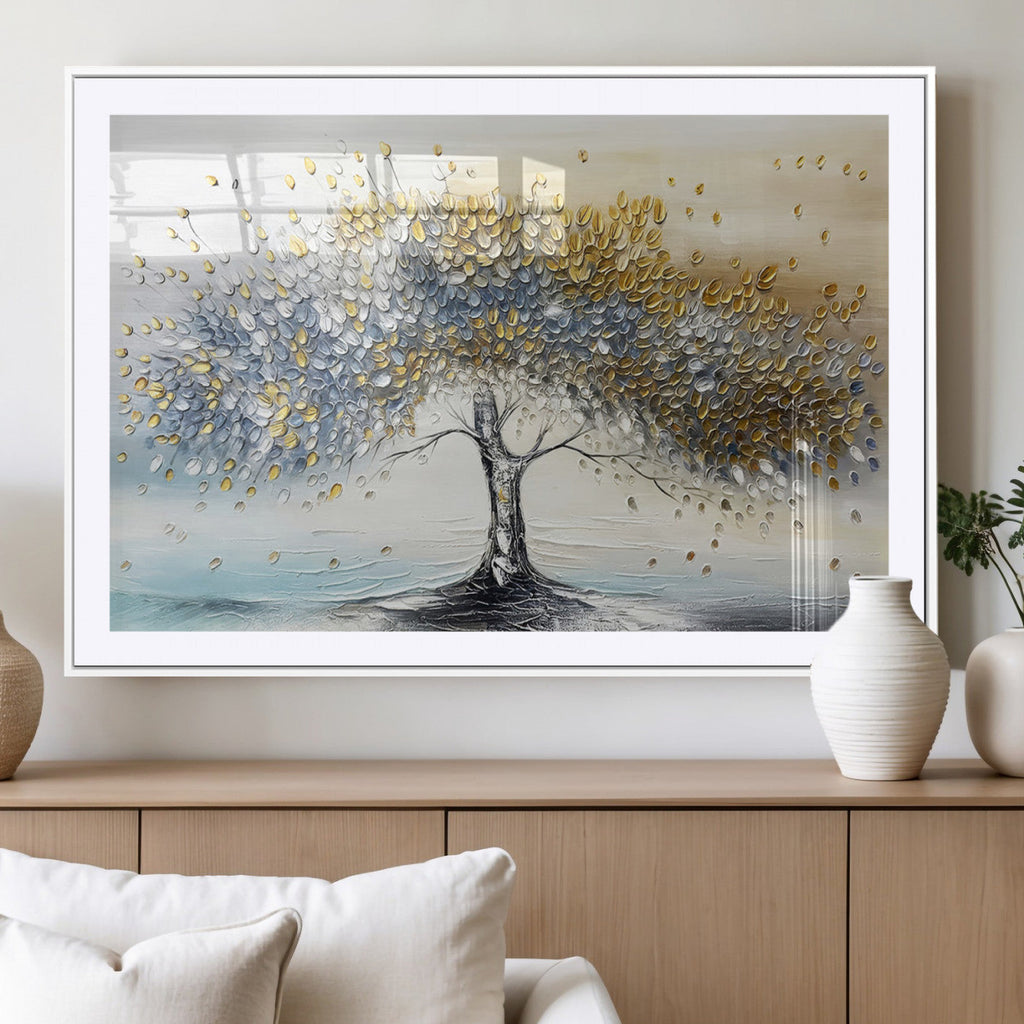 Golden and Silver Tree Wall Art | Framed Elegant Leaves Canvas