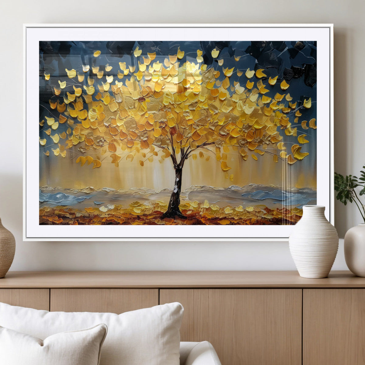 Golden Autumn Tree Wall Art | Framed Fall Leaves Canvas