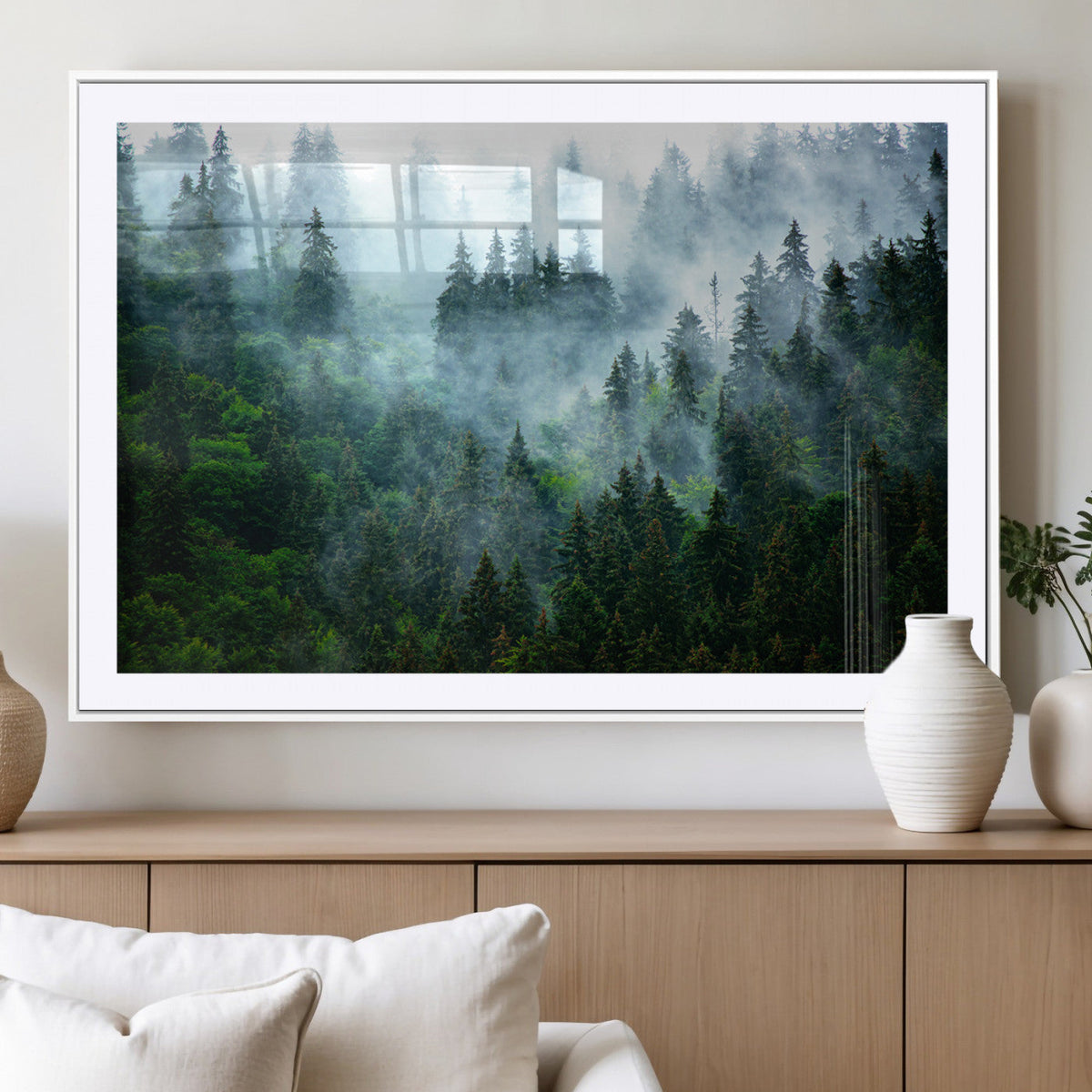 Misty Forest Wall Art Canvas Print, Framed Foggy Mountain Art, Large Scenic Woodland Canvas