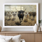 Texas Longhorn Wall Art | Framed Charging Cattle Canvas