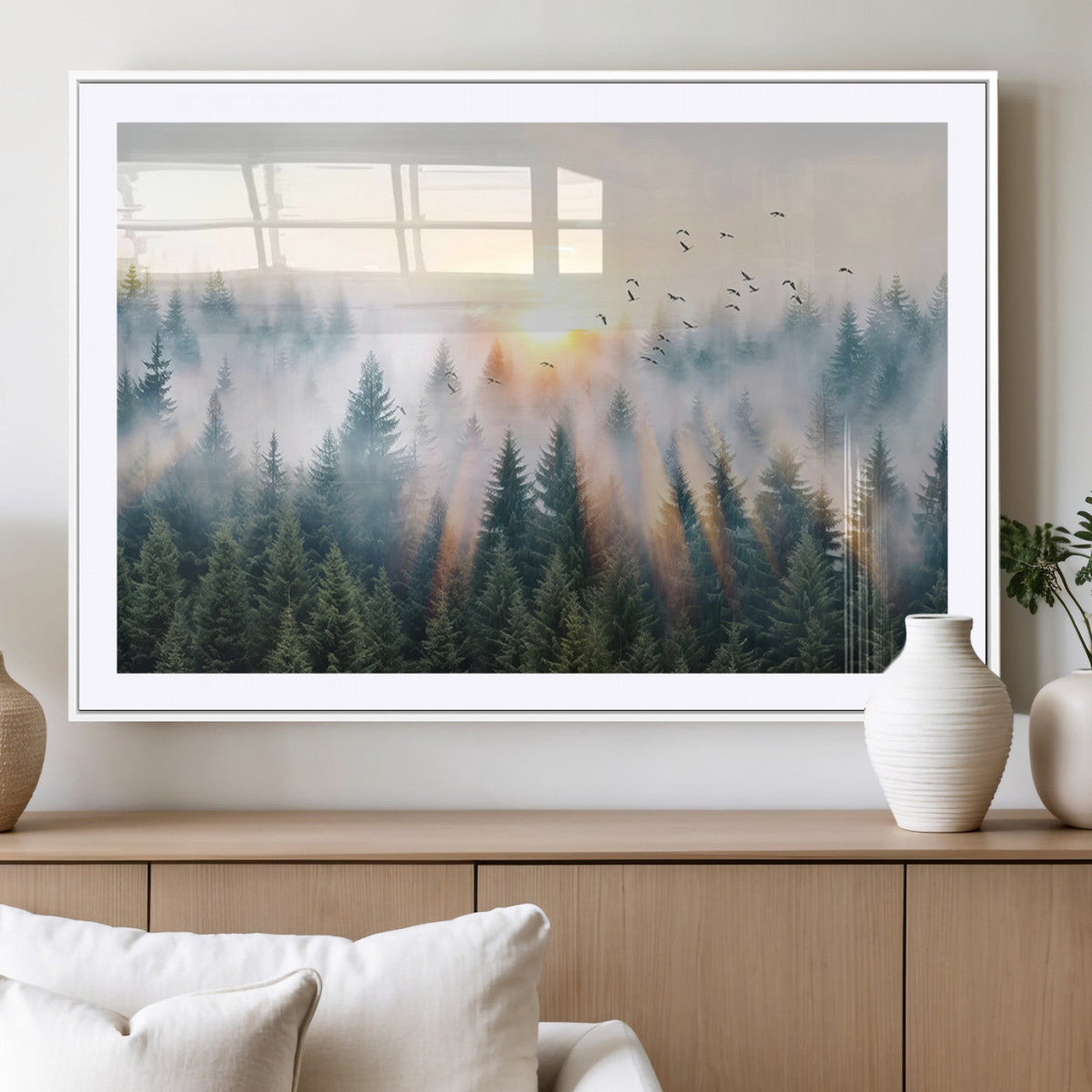Misty Pine Forest Wall Art Canvas, Sunrise Over Foggy Trees