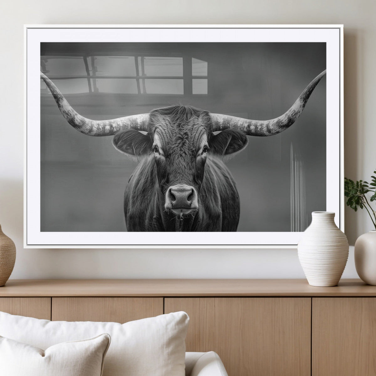 Texas Longhorn Wall Art Canvas Print, Framed Western Bull Photography, Rustic Log Cabin Decor