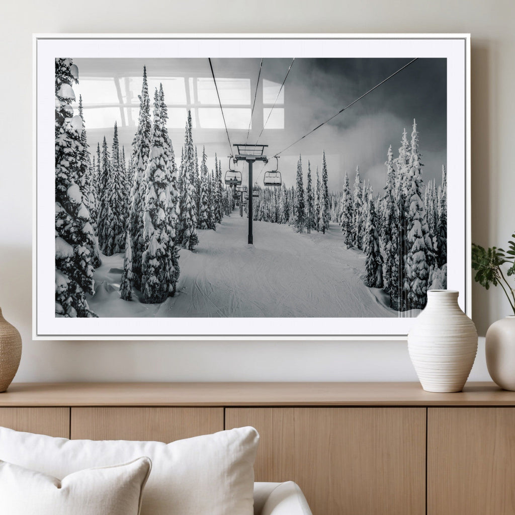 Snowy Pines Wall Art Canvas Print | Ski Lift in a Winter Forest