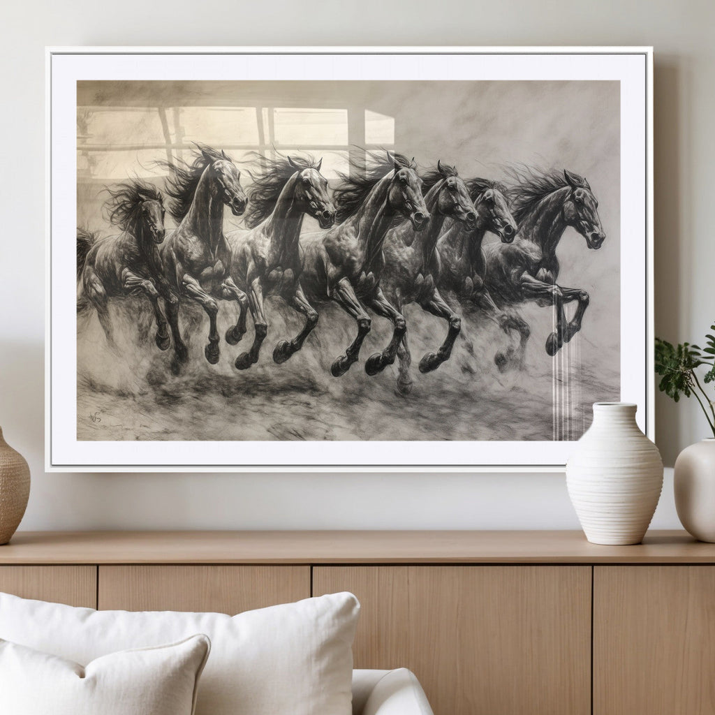 Running Horses Wall Art Canvas Print, Framed Monochrome Galloping Herd Sketch
